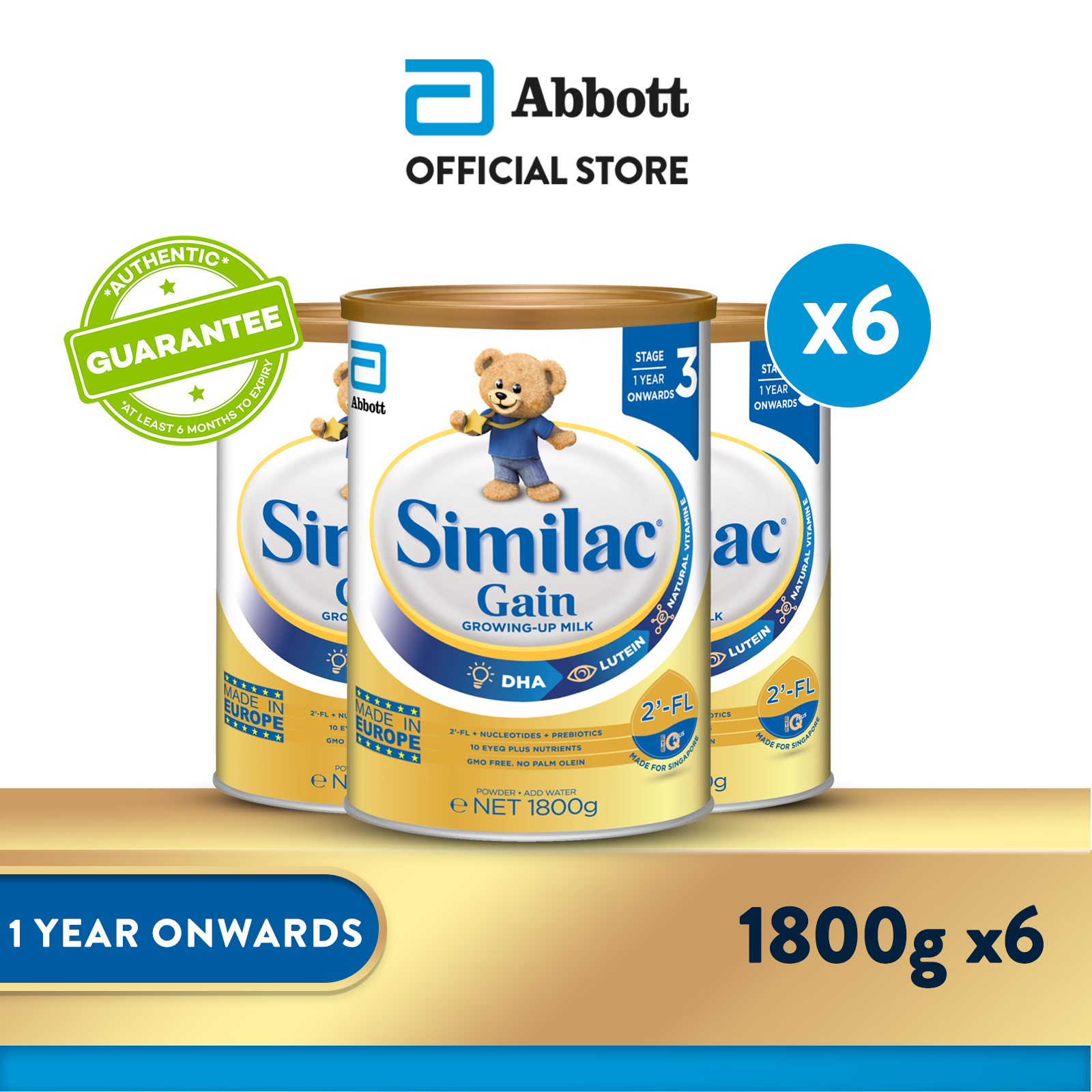 [Bundle of 6] SimilacÂ® Stage 3 Gain Growing-Up Baby Milk Powder Formula 2'-FL 1.8kg (1 year onwards)