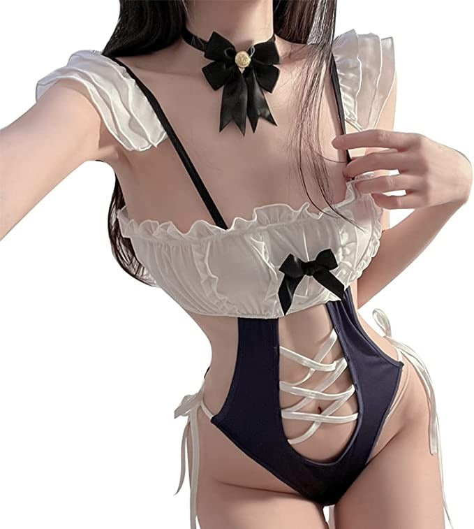 SNOMYRS Kawaii Lingerie Cutout Maid Sexy Cosplay Lace Bodysuit