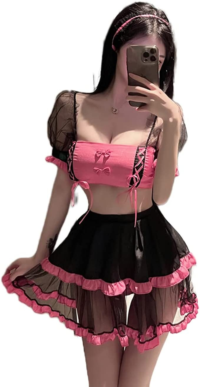 Ladies Sexy Cat Girl Cosplay Uniform Anime Cat French Maid Chiffon Apron Pajamas